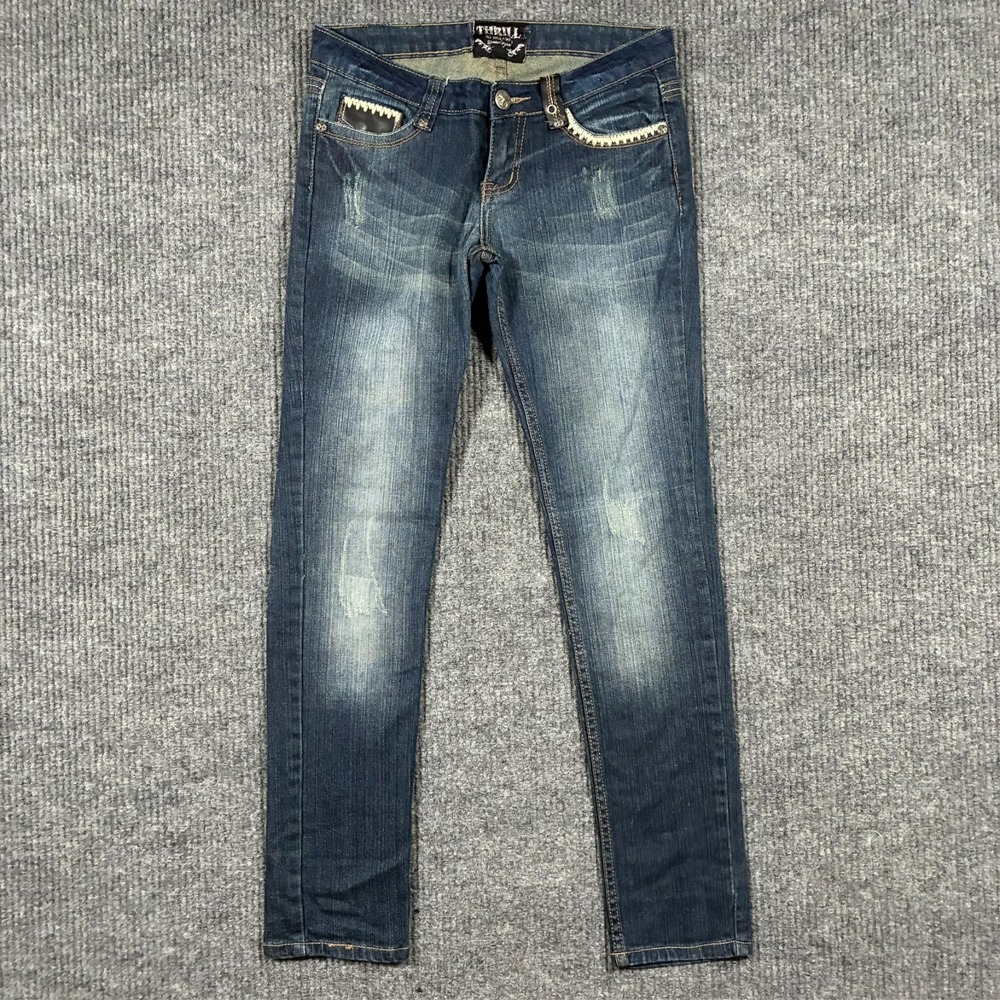 Thrill Womens Skinny Jeans W30" Blue Denim Studded Embellished Y2k Low Rise